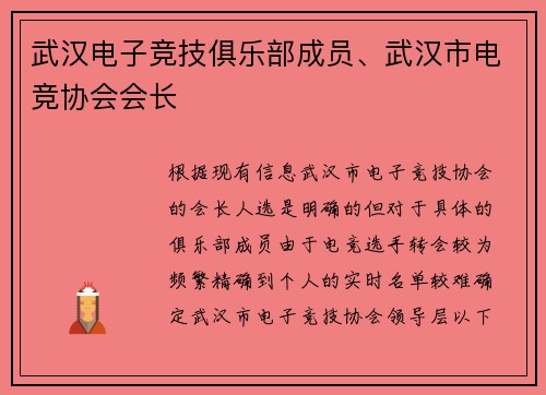 武汉电子竞技俱乐部成员、武汉市电竞协会会长