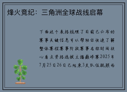 烽火竞纪：三角洲全球战线启幕